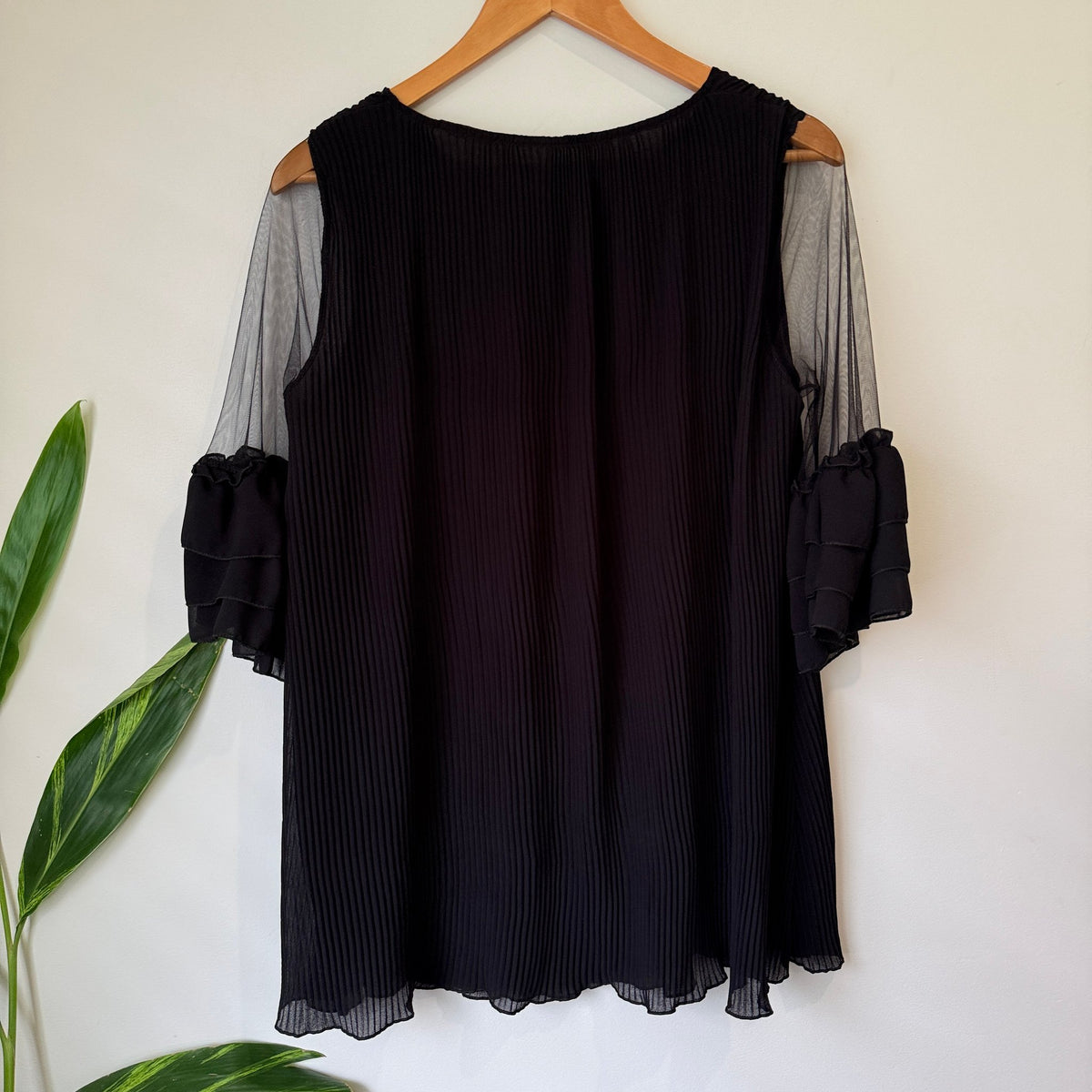 Black Pleated Chiffon Top with Sheer Ruffle Sleeves | U/Arm to U/Arm 48cm