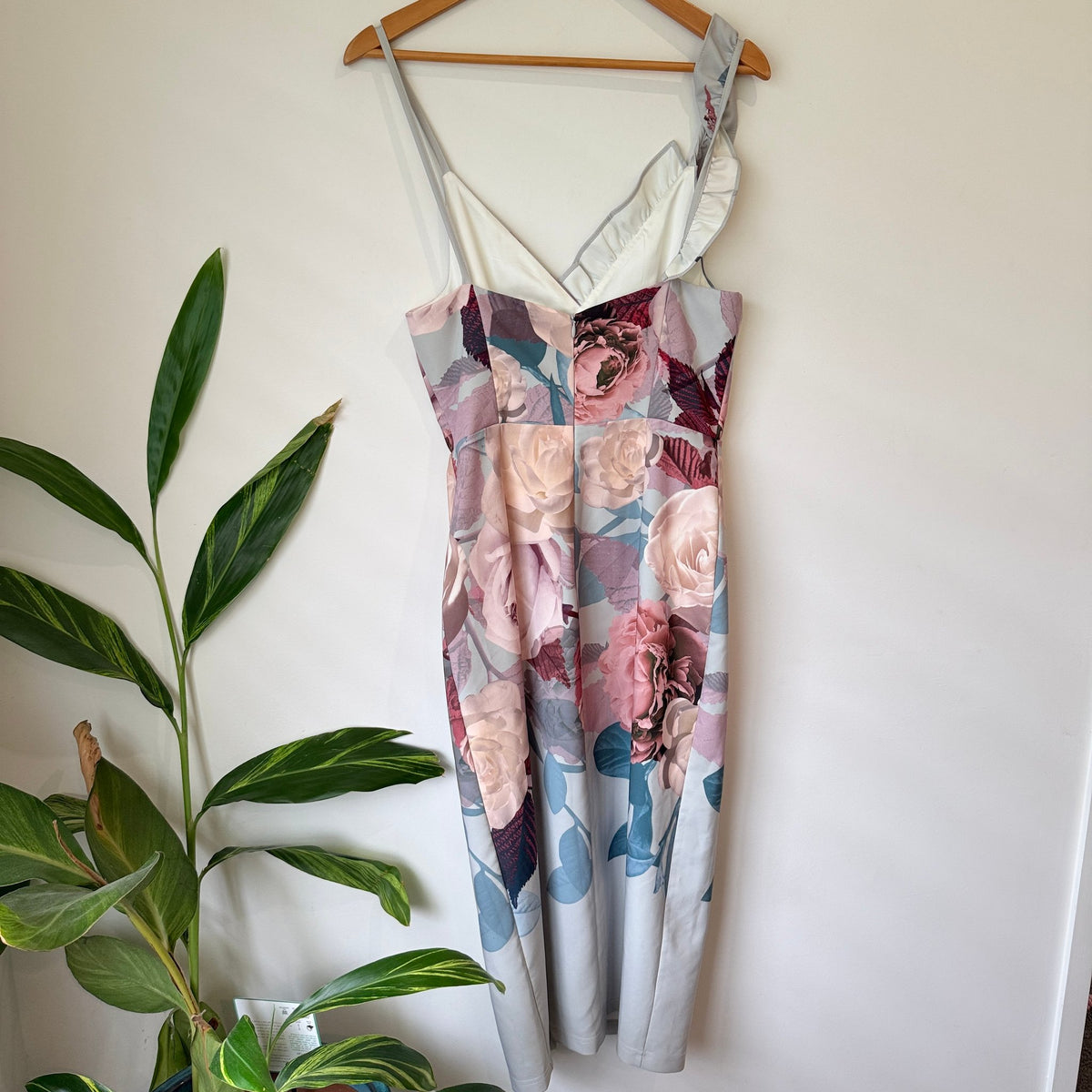 Pasduchas Grey & Pink Floral Print Midi Dress Size 10