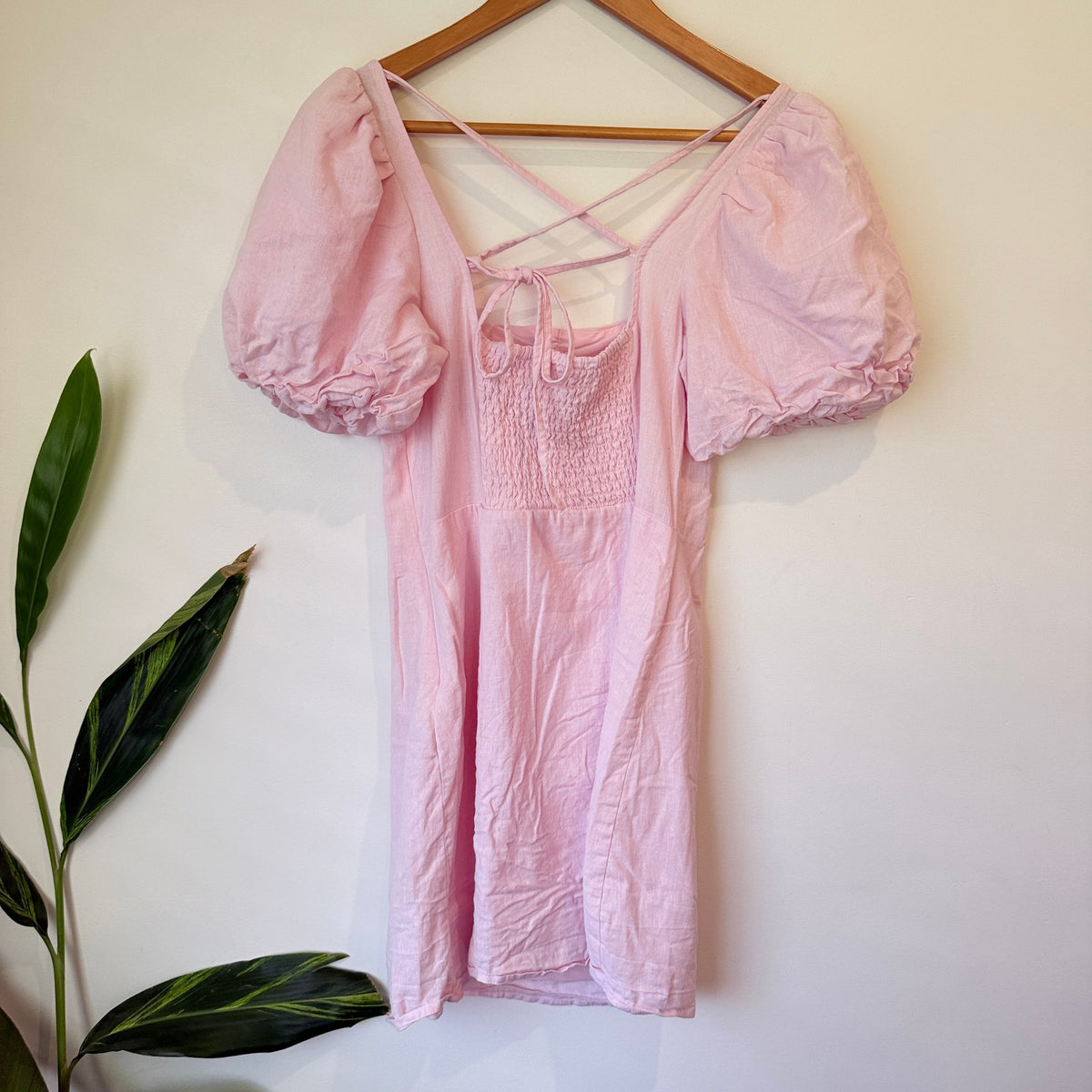H&M Divided Pink Linen Blend Puff Sleeve Mini Dress Size S