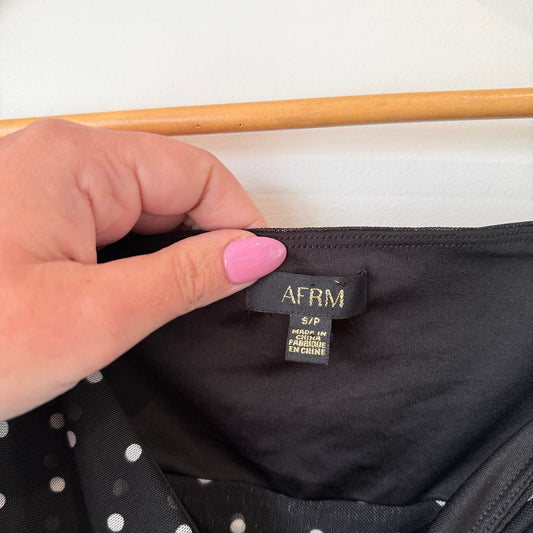 AFRM Black Polka Dot Mesh Ruched Long Sleeve Top Size S