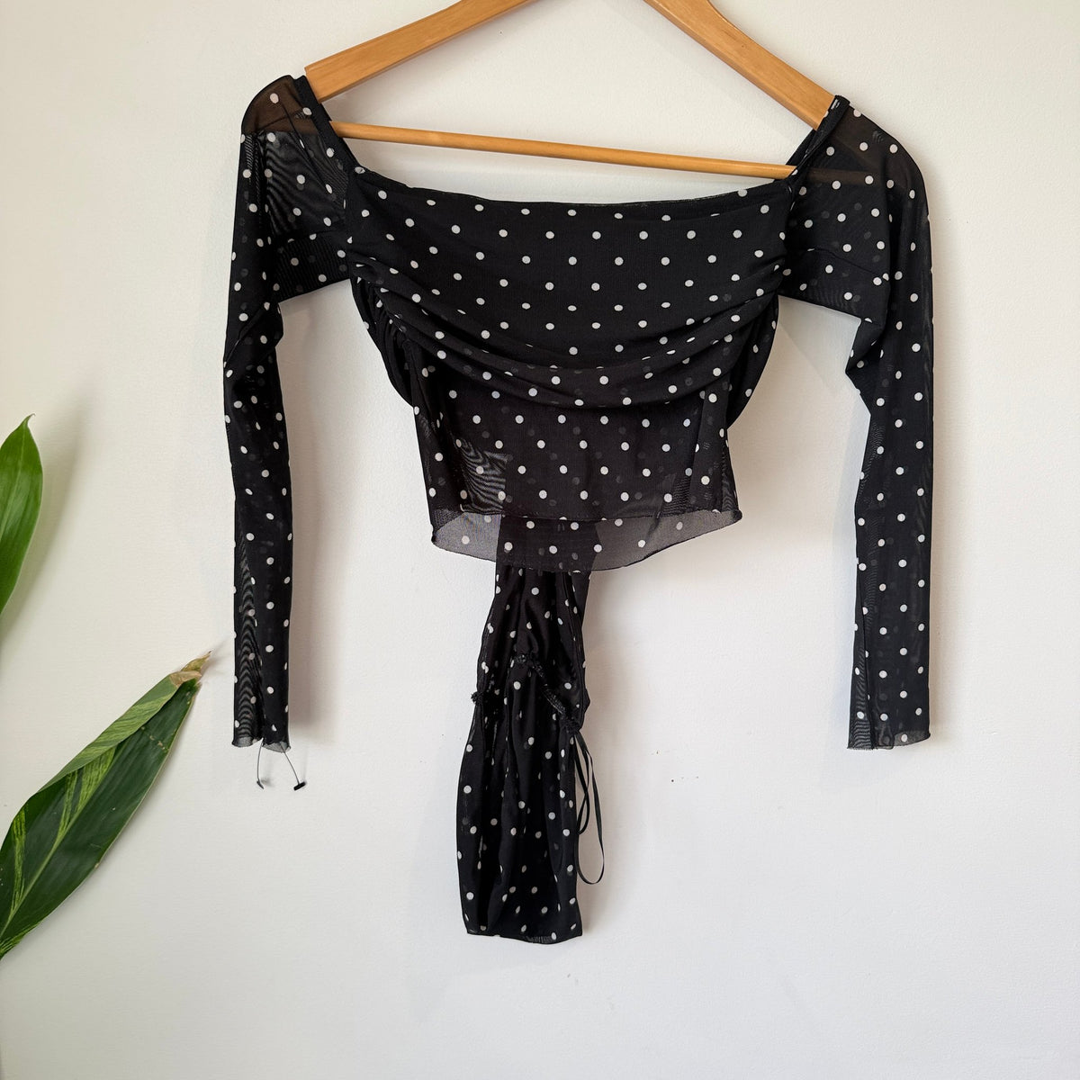 AFRM Black Polka Dot Mesh Ruched Long Sleeve Top Size S
