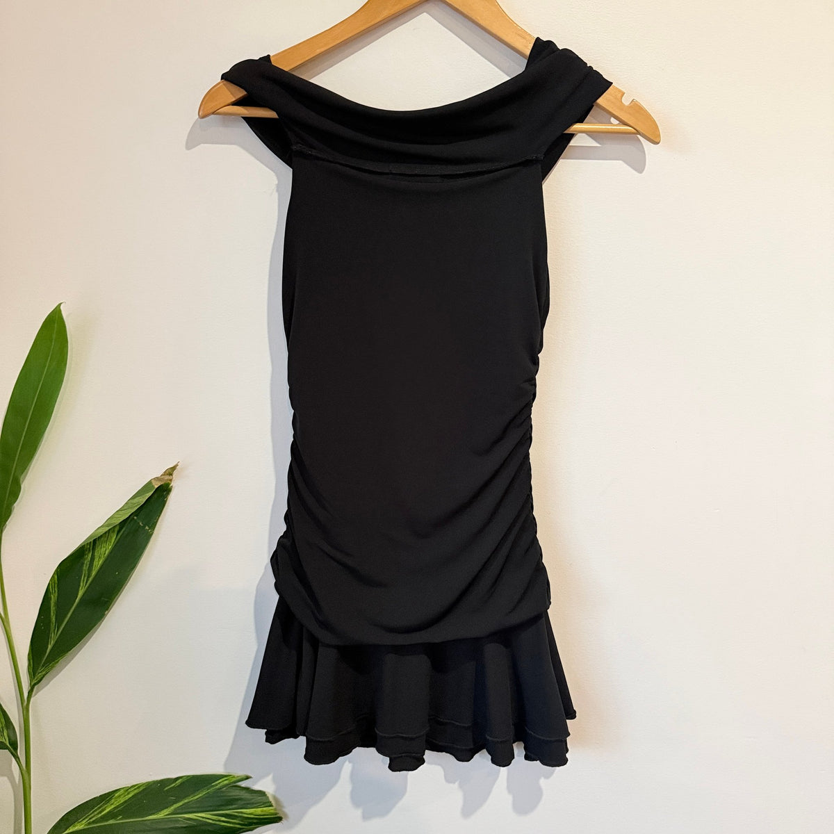 Glassons Black Ruched Cowl Neck Ruffle Hem Mini Dress Size XS