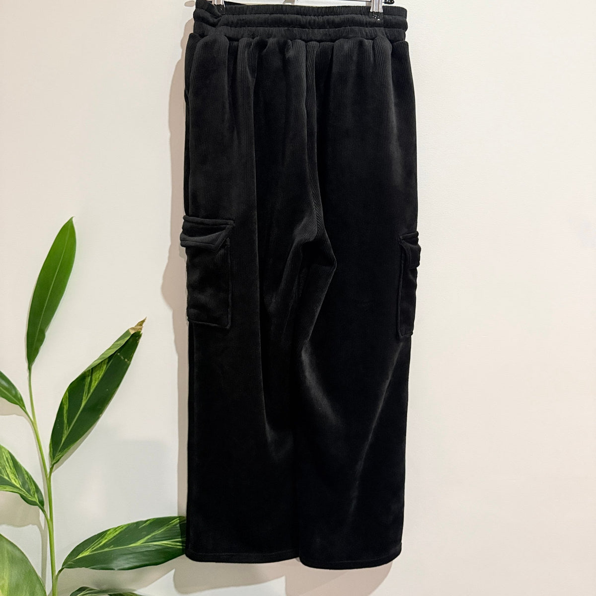 Black Ribbed Velour Wide Leg Cargo Pants - 66cm waist