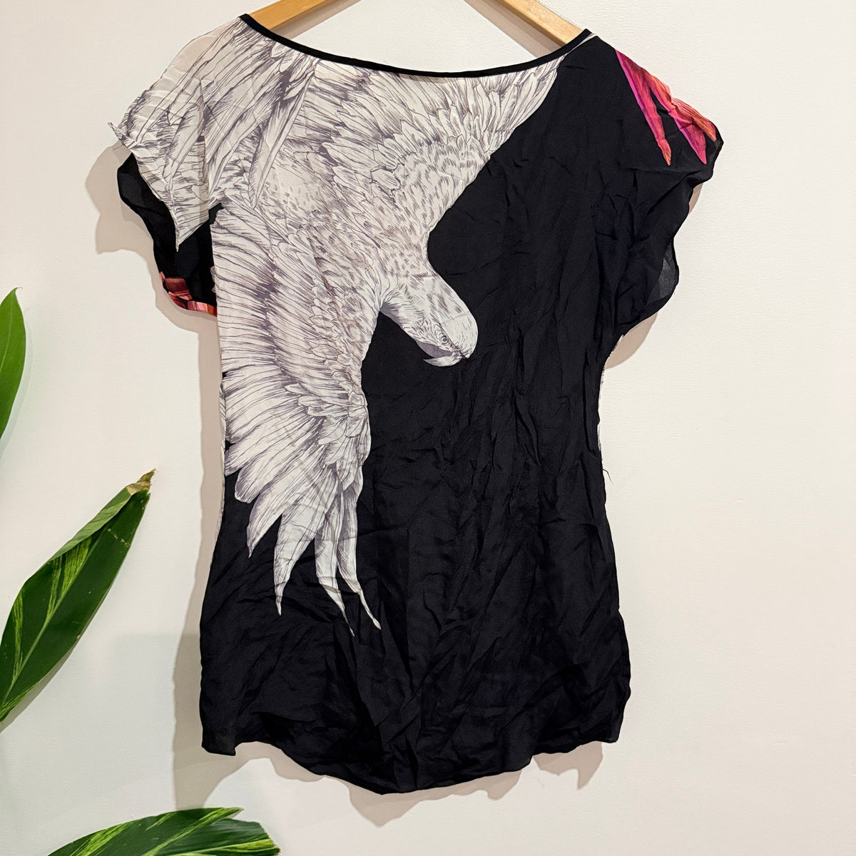 Warehouse Black Silk Wing Print Top Size UK 8