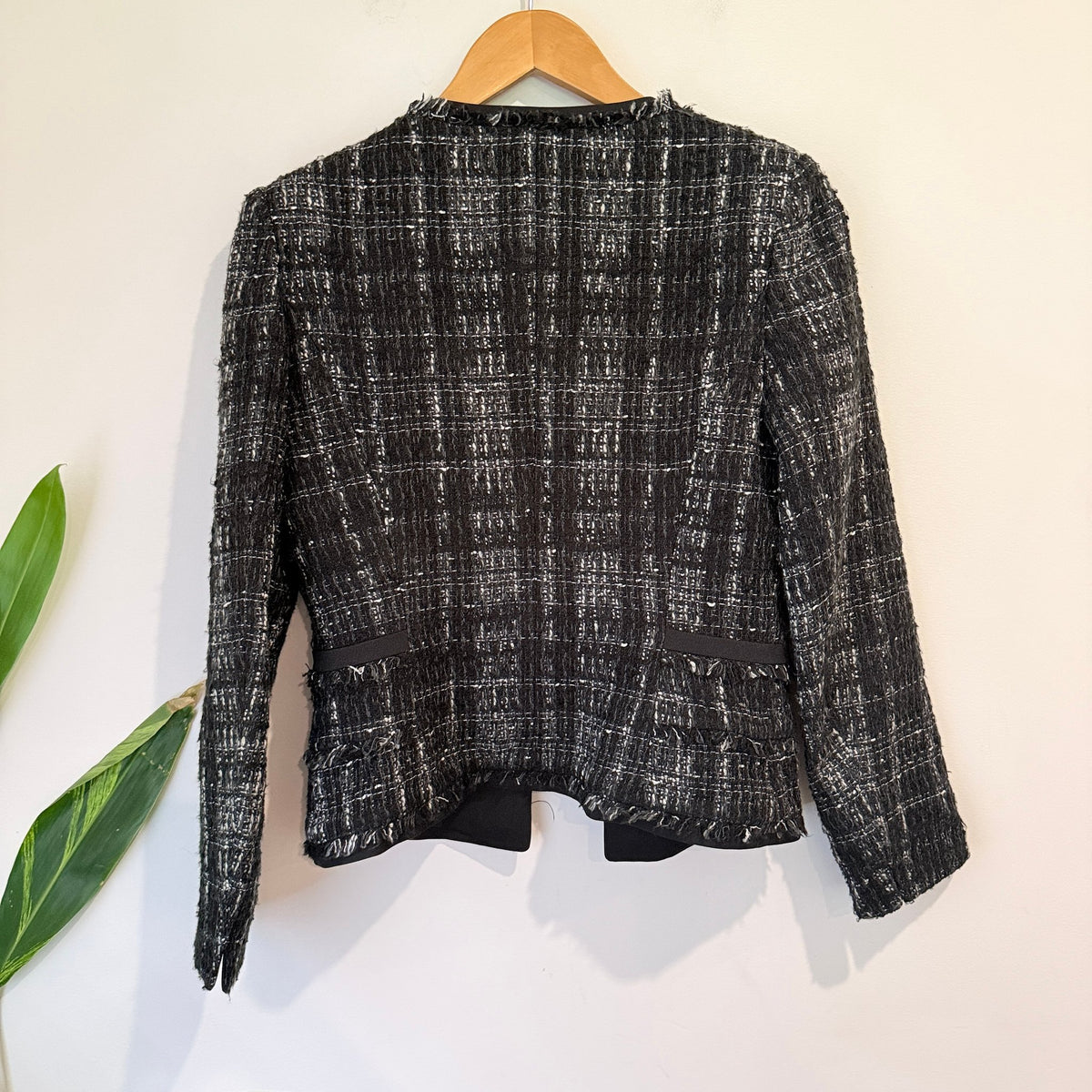 Etam Paris Black Tweed Fringe Trim Jacket Size 40 | U/Arm to U/Arm 44cm