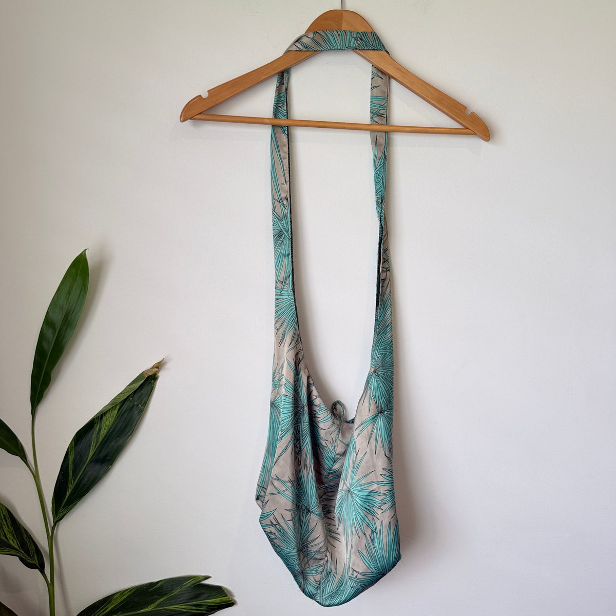 Witchery Teal Palm Print Satin Slouch Shoulder Bag