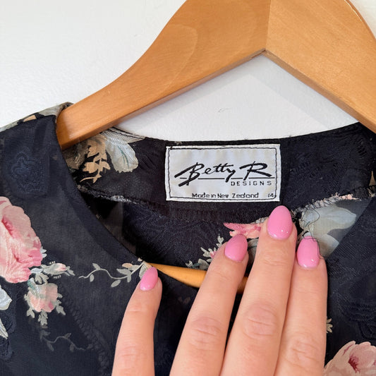 Betty R Designs (NZ) Vintage Black Floral Sheer Button Blouse Size 14