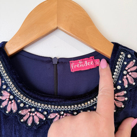 Frendee Girls Navy Velvet & Pink Floral Embellished Neck Jumpsuit Size 32 | U/Arm to U/Arm 31cm