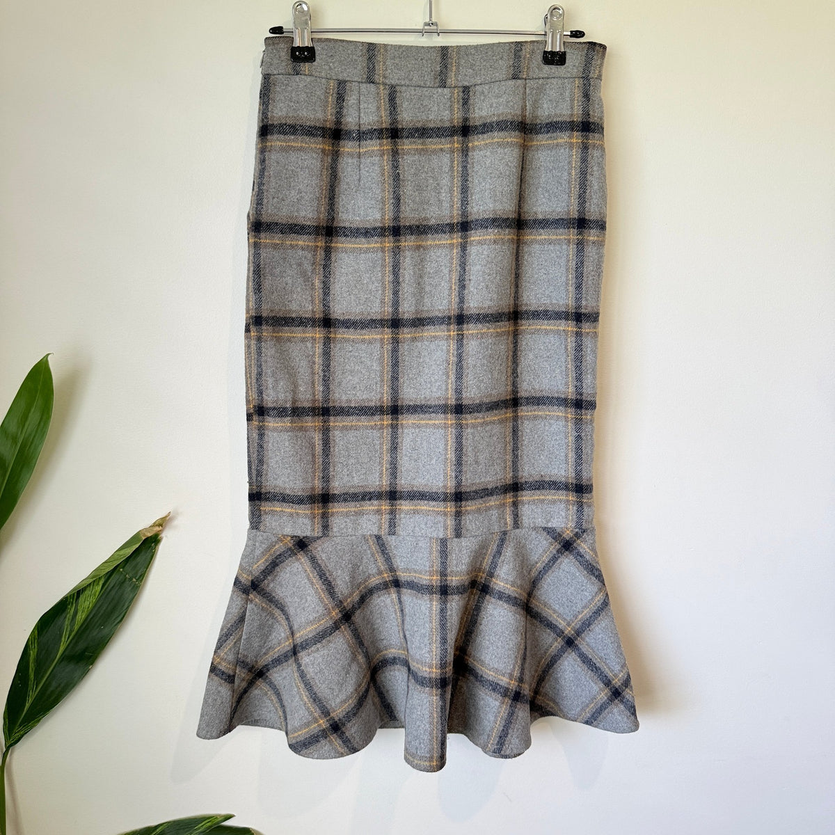 Shook Betta Grey Check Button Front Flounce Hem Midi Skirt Size S | Waist 68cm