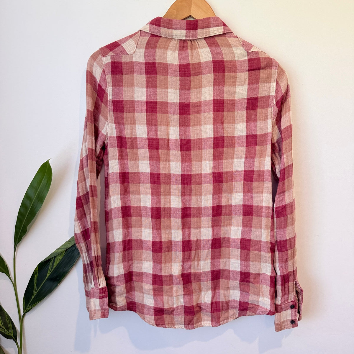 Joie Pink & Cream Check Ruffle Front Cotton Shirt Size M