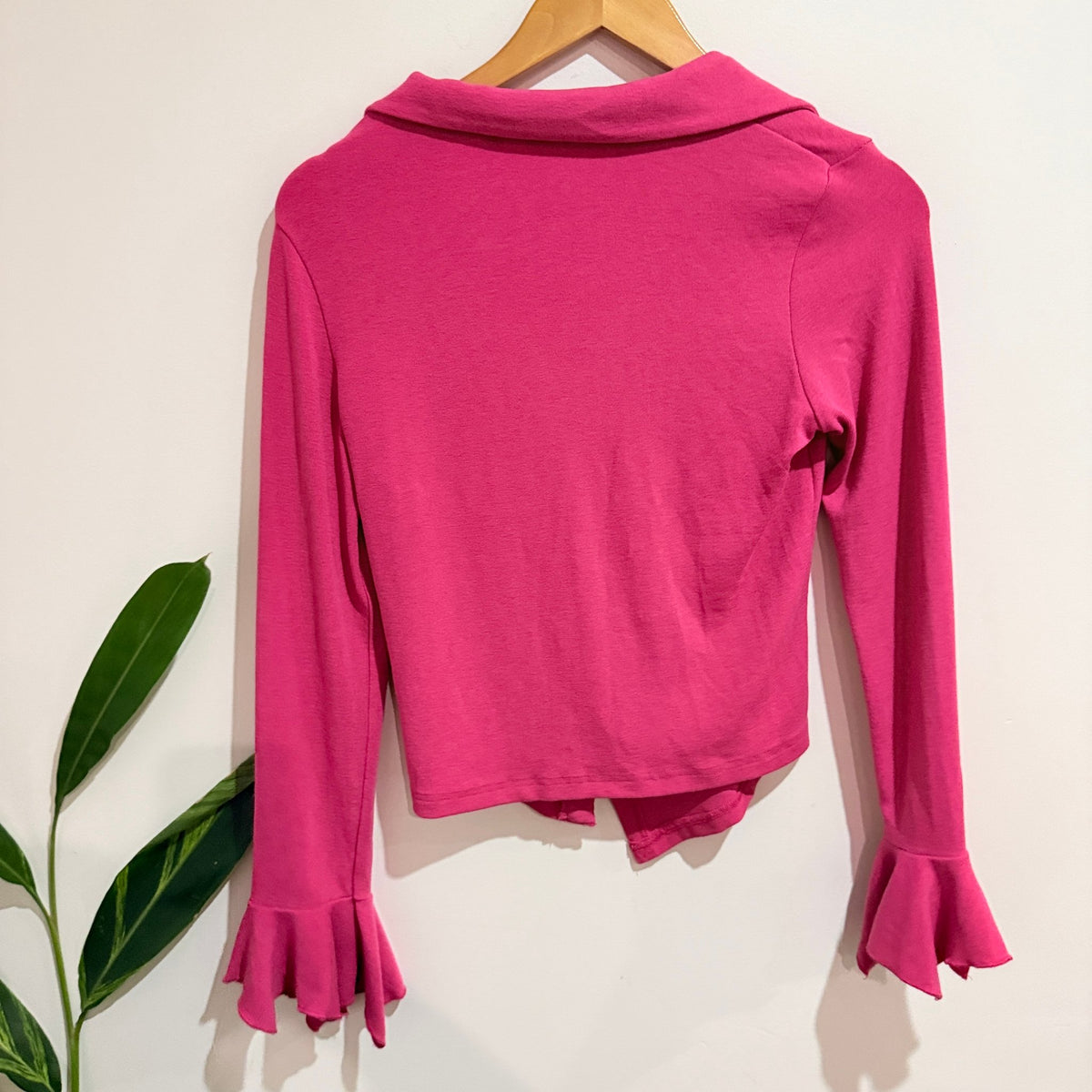 Zhoubaizi Pink Asymmetric Button Up Flute Sleeve Top Size XL