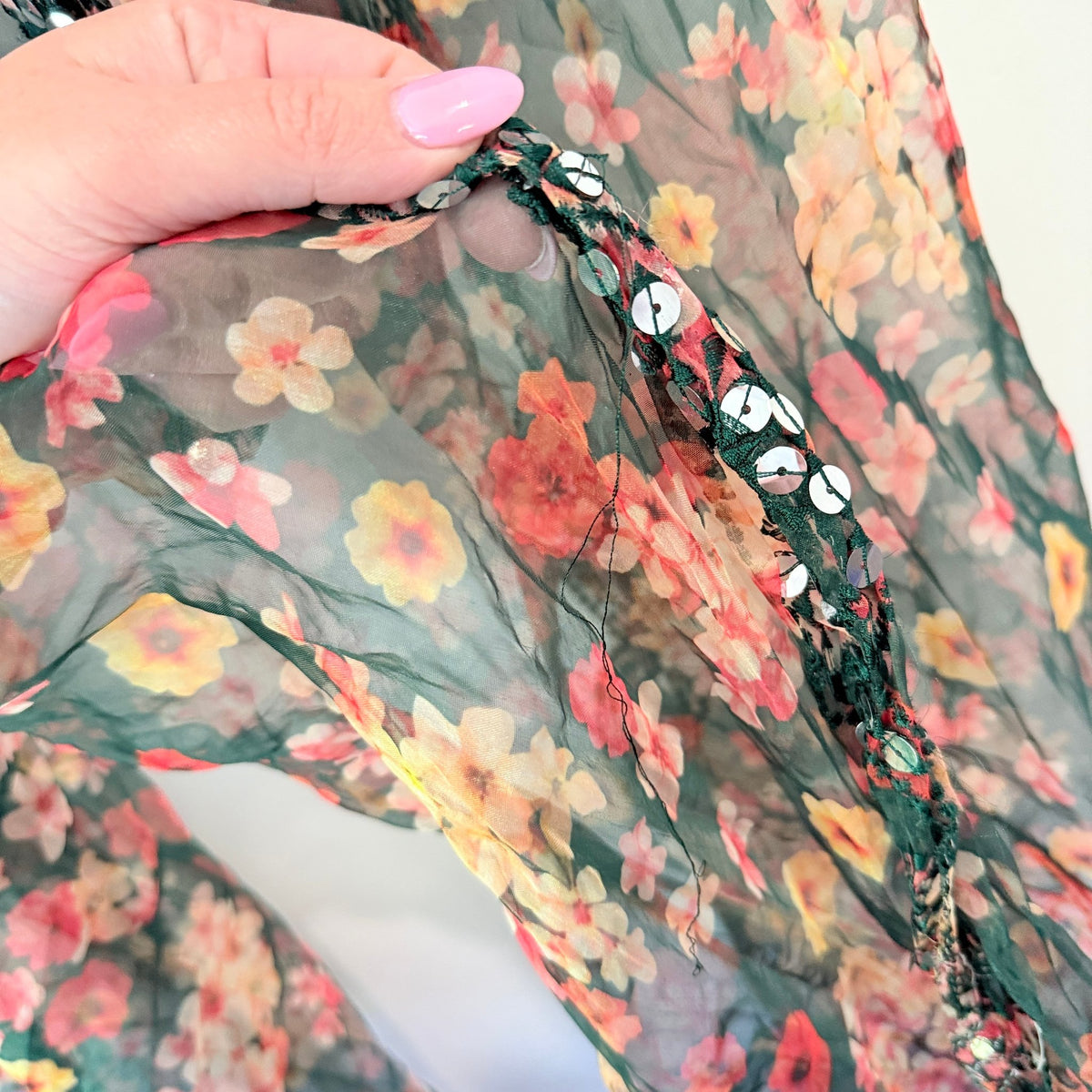 Floral Print Sequin Trim Chiffon Scarf / Wrap