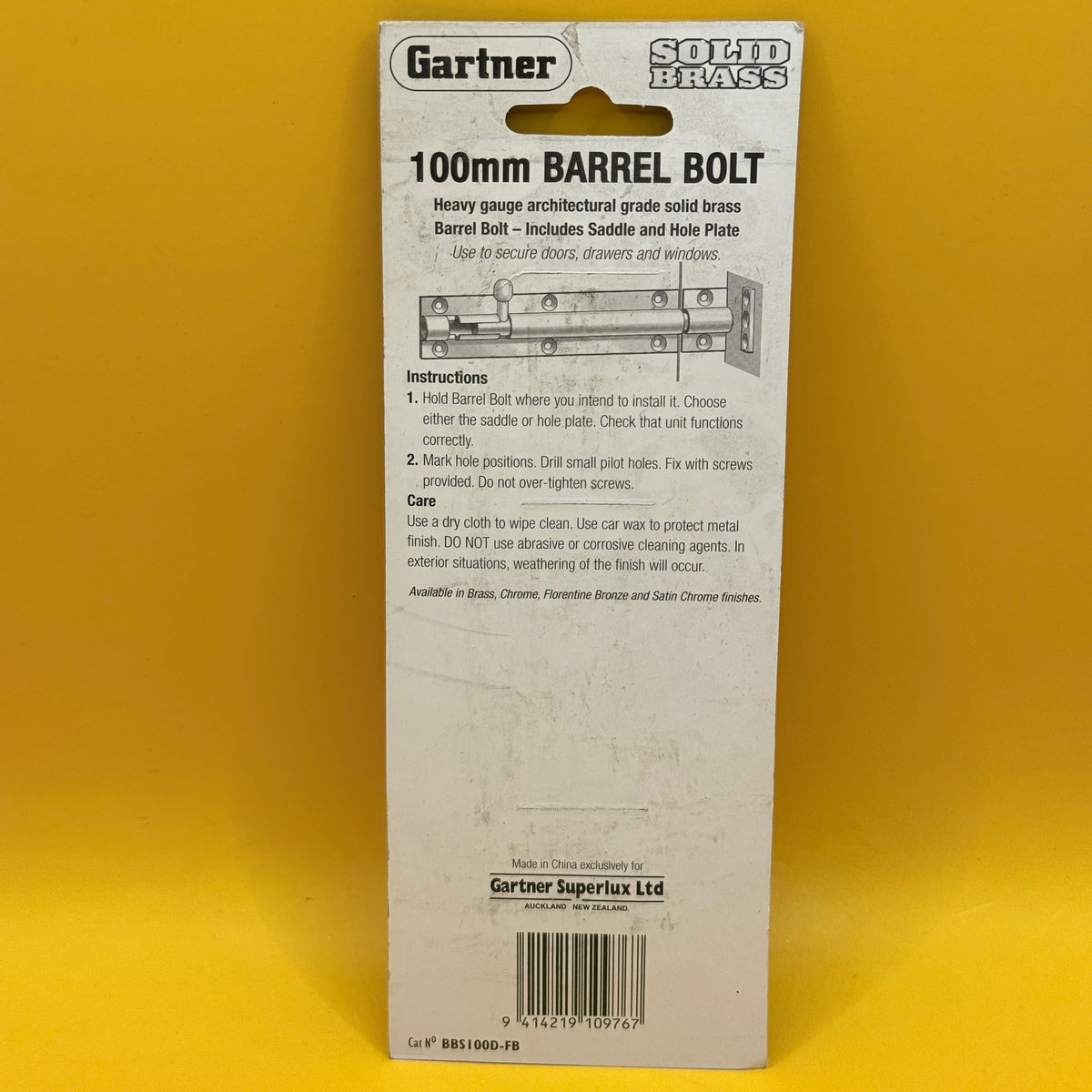 Gartner Solid Brass Barrel Bolt - 100mm