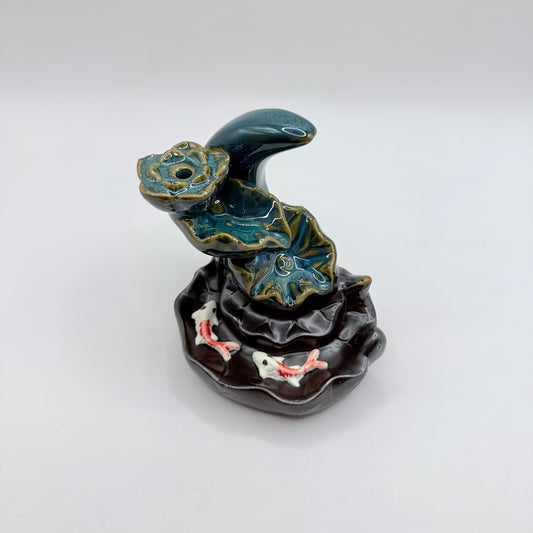 Teal Lotus & Koi Fish Ceramic Backflow Incense Burner