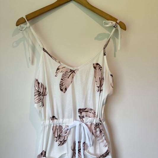 Tropical Leaf Print Tie-Shoulder Mini Dress - Size L