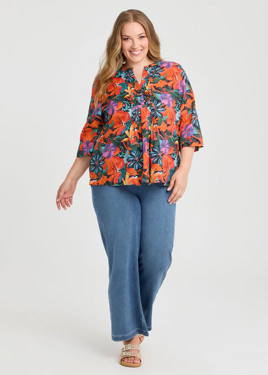 Virtuelle Sunkissed Days Cotton Summer Floral Pintuck Top - Size 12