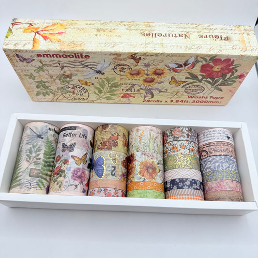 Vintage Botanical Washi Tape Set (24 Rolls, Ephemera Theme)