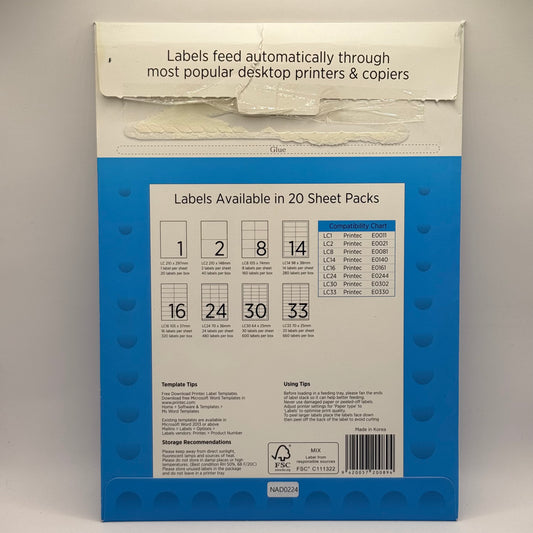 WS LC1 Full Sheet Permanent Labels A4 Inkjet/Laser/Copier