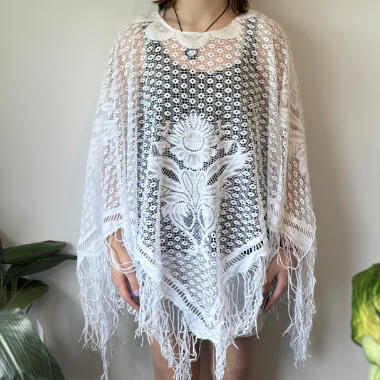 White Lace Fringe Boho Poncho