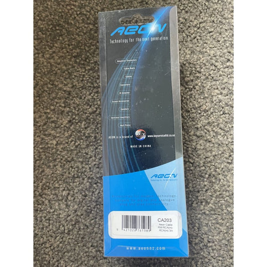 A close-up of a blue Aeon cable package with a barcode.