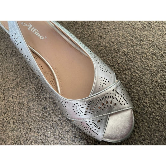 Allino - silver perforated slingback wedge sandals - size 39 - shoes clothing & fashion - sandals - shoes women’s shoes