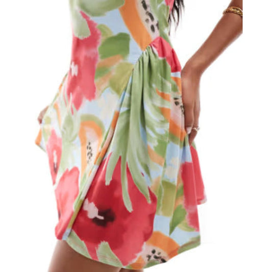 Asos design size l sweetheart neckline halter mini dress with full skirt in floral print - dresses top women’s apparel