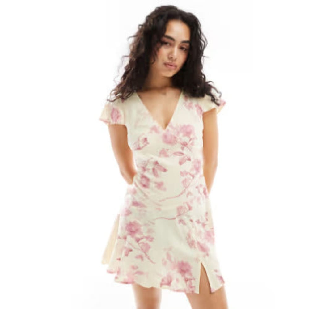 Asos design size 18 v neck flutter sleeve mini tea dress vintage floral print - dresses top womenās apparel