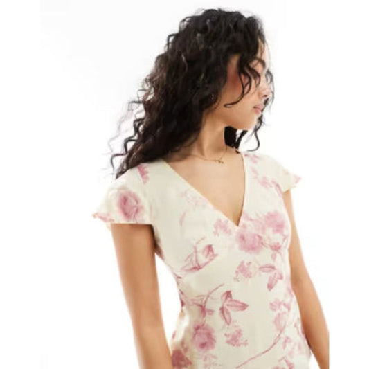 Asos design size 18 v neck flutter sleeve mini tea dress vintage floral print - dresses top women’s apparel