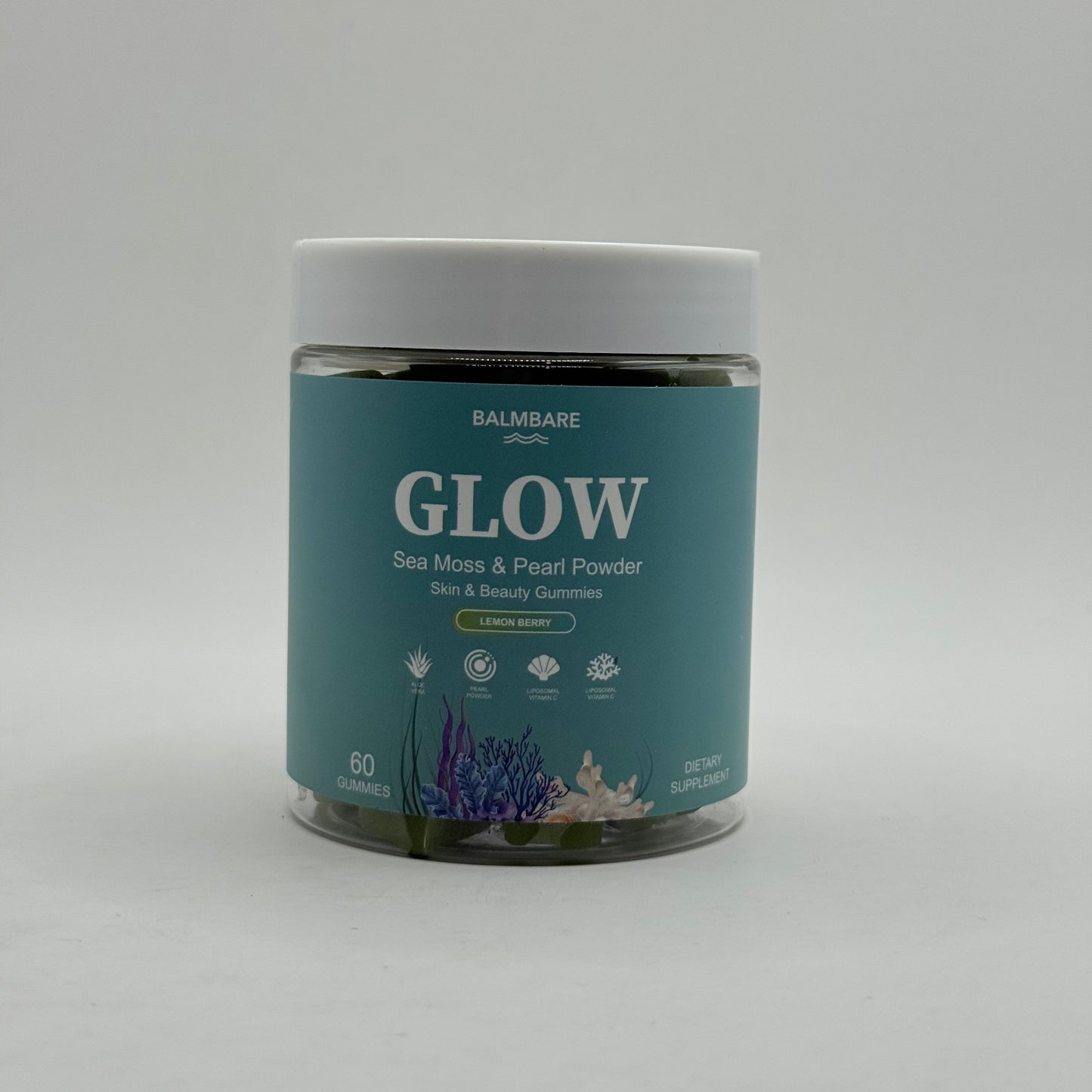 Balmbare glow sea moss & pearl powder skin & beauty gummies – lemon berry (60 count) - herbal supplements health