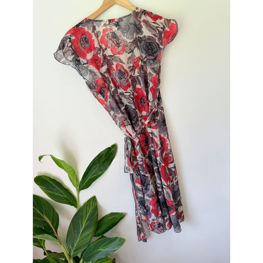 Bettie monroe (nz) size s red & grey rose floral wrap dress - dresses condition: used - top women’s apparel