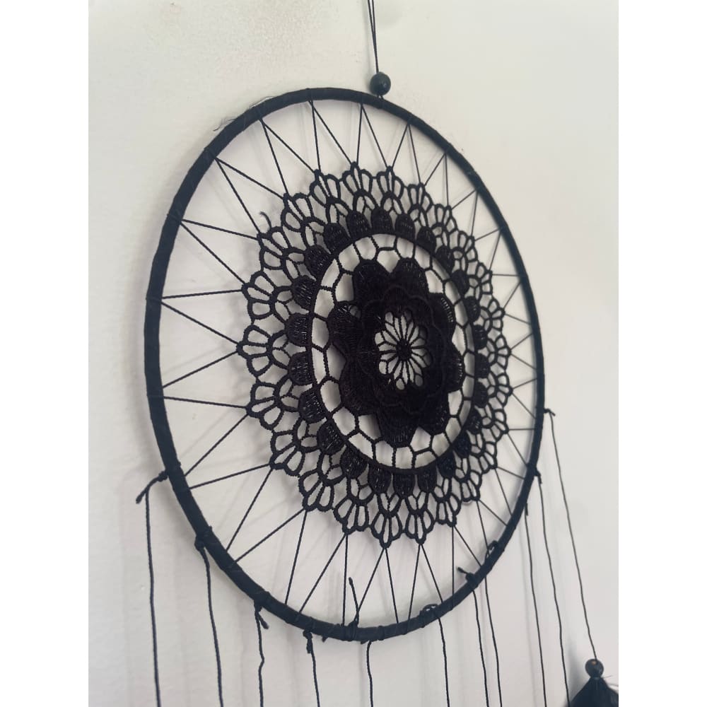 Black lace dreamcatcher with feather accents - dreamcatchers home & living - home decor - home decor & furniture