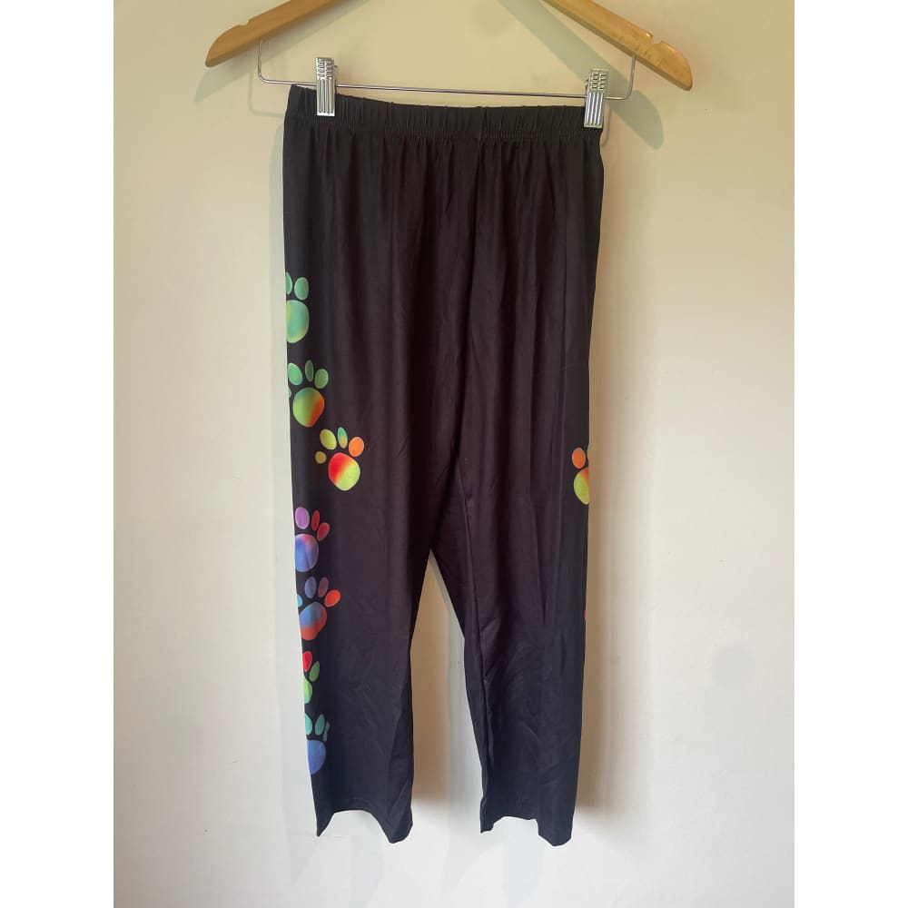 Black leggings size s with colorful paw print design - leggings bottom - clothing & fashion - leggings womenâs apparel