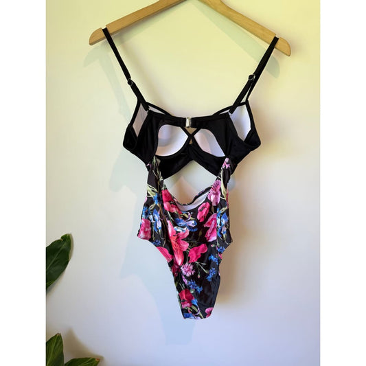 Shein floral cut-out one-piece swimsuit size s in black & pink floral - one-piece swimsuits top women’s apparel
