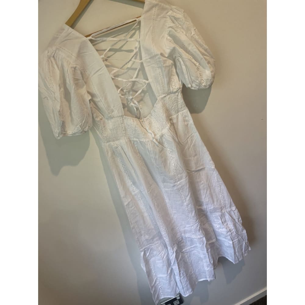 Blue vanilla size 12 v neck lace up back midi dress - dresses clothing & fashion - dresses women’s apparel