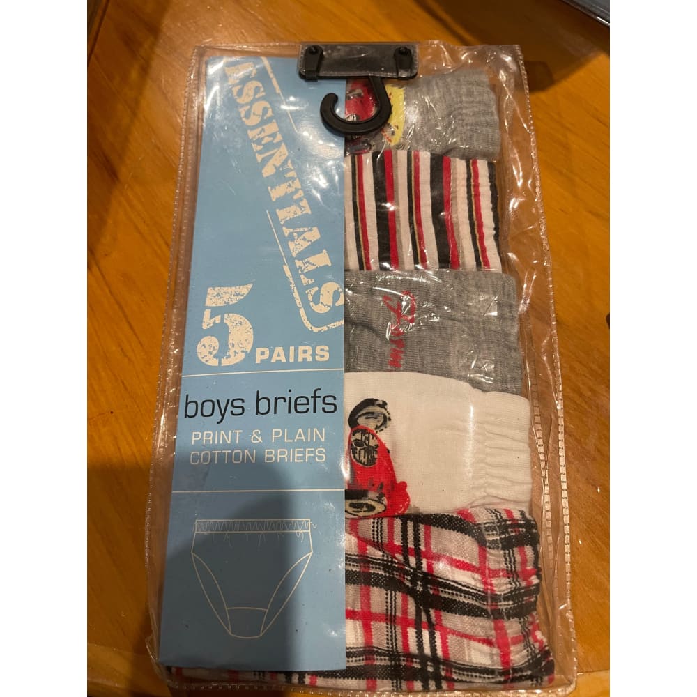 A package of five pairs of boys' briefs.