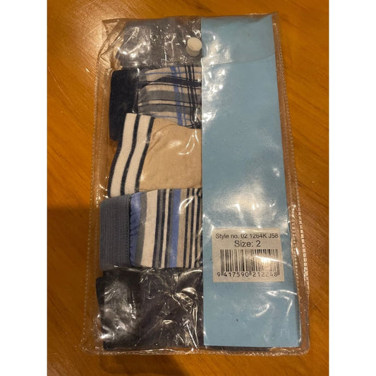 Pack of men's briefs in clear plastic with blue card, displaying stripes, plaid, and solid patterns.