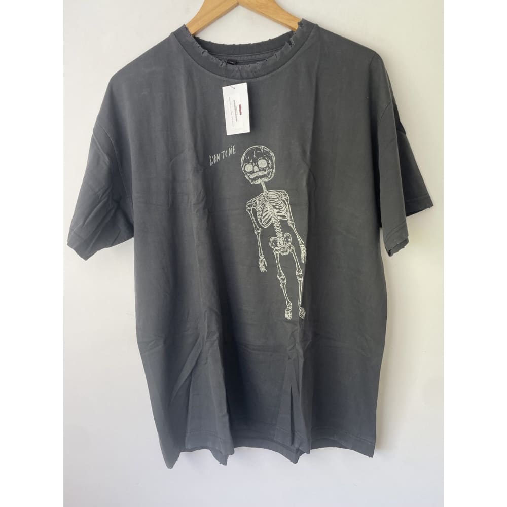 Charcoal-colored t-shirt with a distressed collar and a white skeleton graphic.