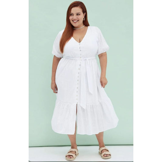 You + all size 18 white short sleeve textured button midi dress - dresses clothing & fashion - dresses - short sleeve