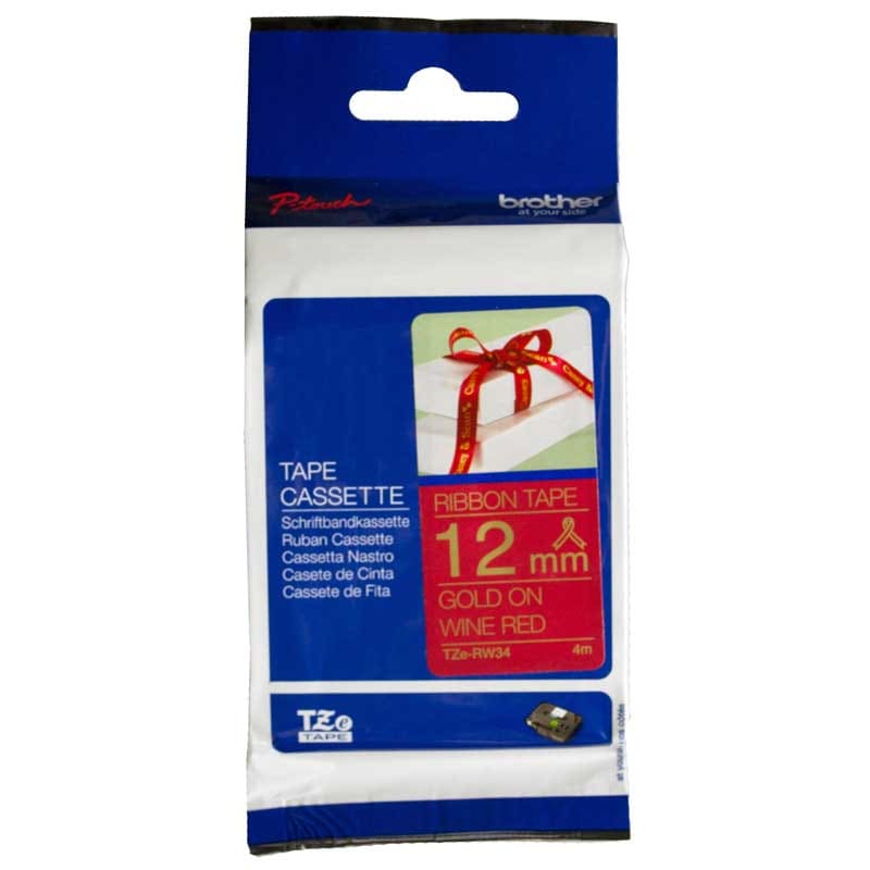 Brother tze-rw34 p-touch gold on wine red ribbon tape 12mm - label tapes & refill rolls stationery