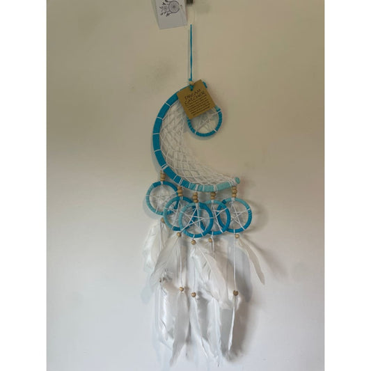 Crescent moon dreamcatcher with blue accents - dreamcatchers home & living - home decor - home decor & furniture