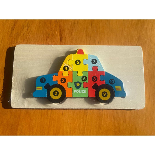 Colorful wooden number puzzle – dolphin & police car – fun learning toy - wooden & pegged puzzles toys