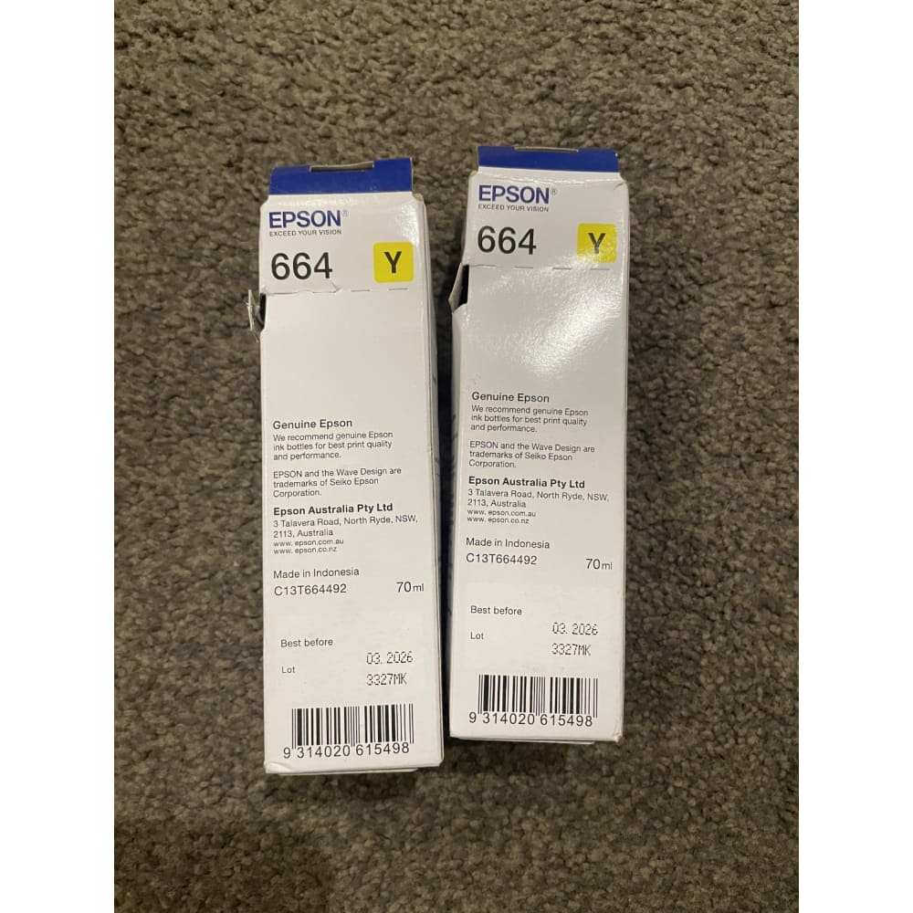 2x genuine epson 664 yellow ink bottles – brand new – bb 2026 – box damaged - toner & inkjet cartridges cartridges