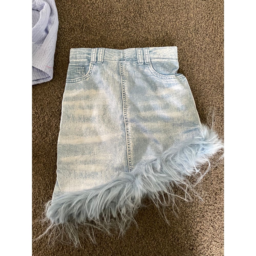 Shein size 6y stylish pastel knit top & feather-trimmed denim skirt set - outfit sets baby clothing - kids - set