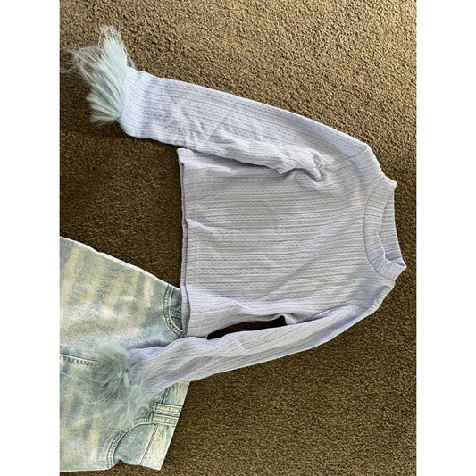 Shein size 6y stylish pastel knit top & feather-trimmed denim skirt set - outfit sets baby clothing - kids - set