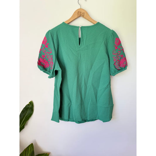Shein size xl green textured top with pink floral embroidery - clothing tops top women’s apparel