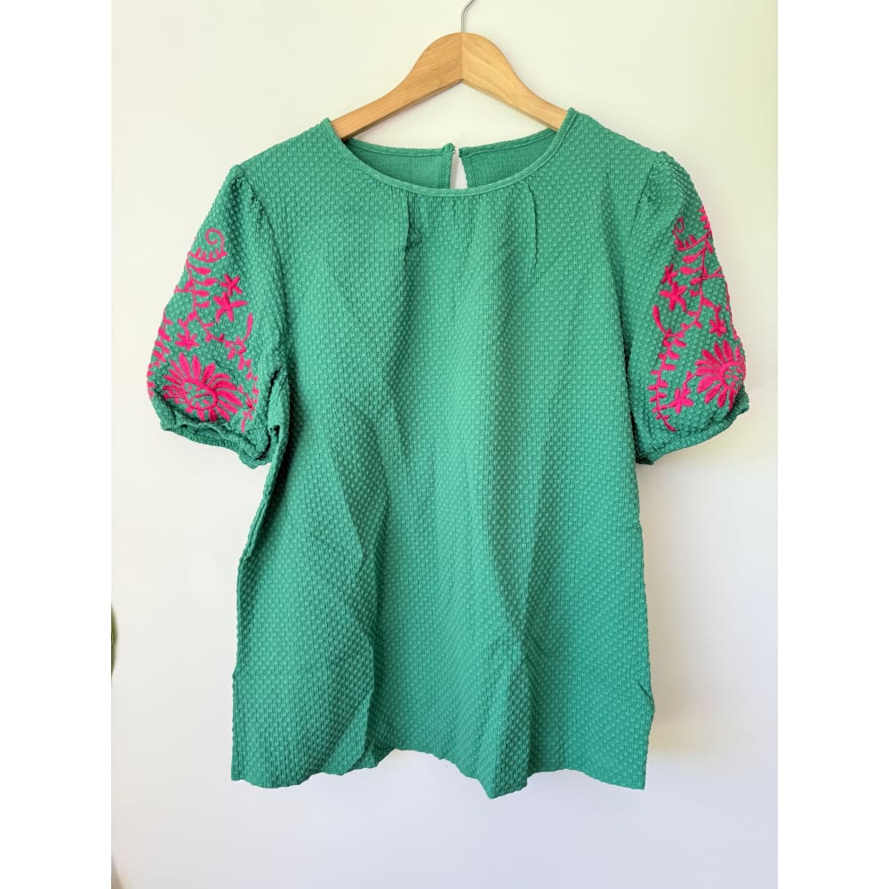 Shein size xl green textured top with pink floral embroidery - clothing tops top women’s apparel