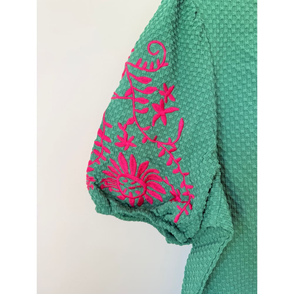 Shein size xl green textured top with pink floral embroidery - clothing tops top women’s apparel