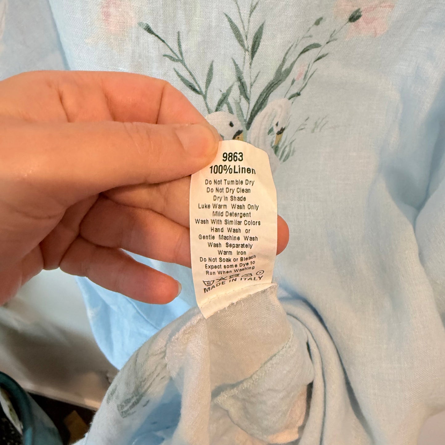 Helga may light blue linen dress with swan print (one size) - tunics condition: used - top women’s apparel