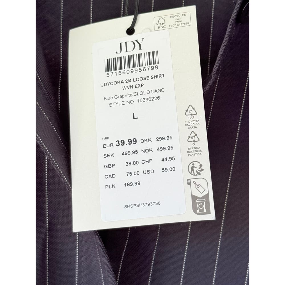 Jdycora size l 2/4 loose fit pinstripe shirt in blue graphite rrp $59.00 - shirts top women’s apparel