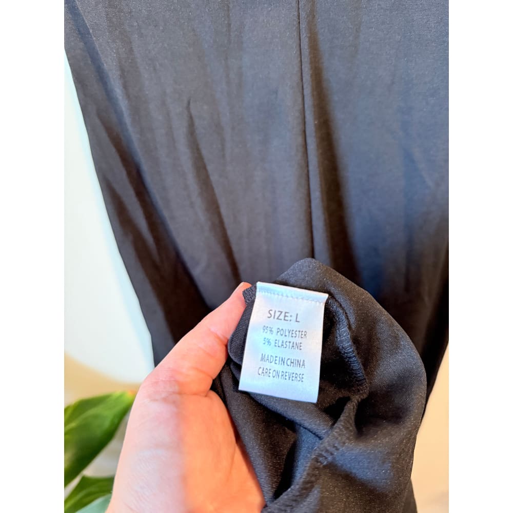 Black draped size l midi dress - dresses top women’s apparel